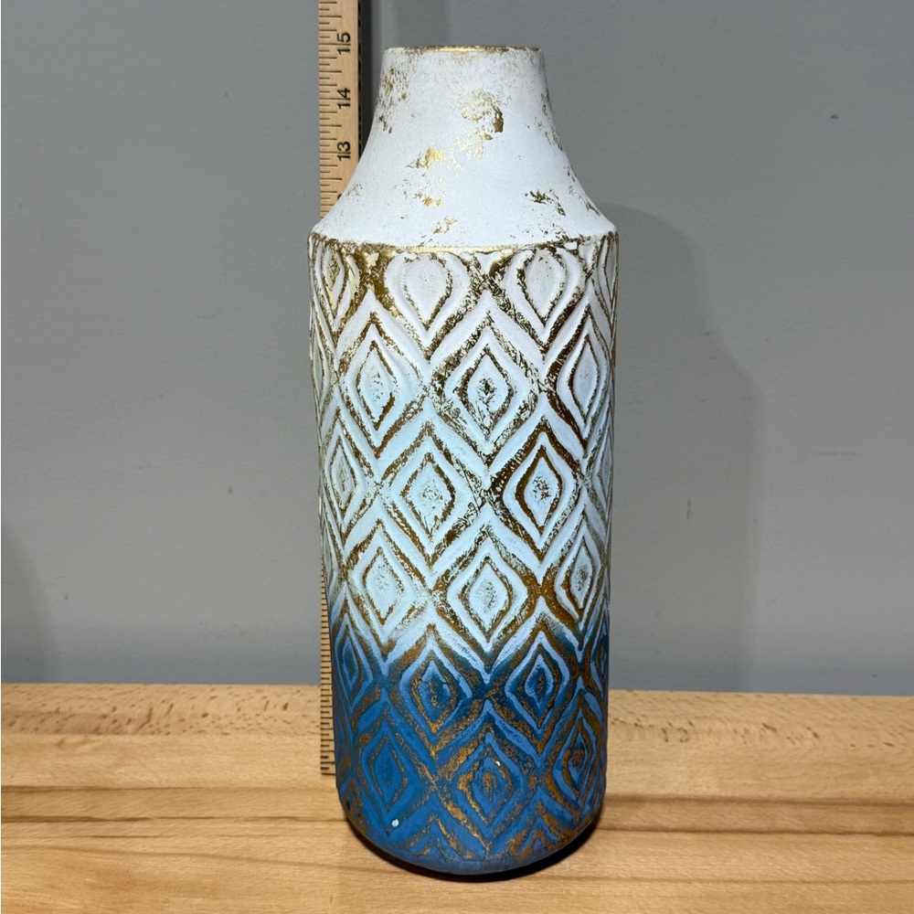Metal Floor Vase 15” tall Blue. White. Gold. Weighted Base